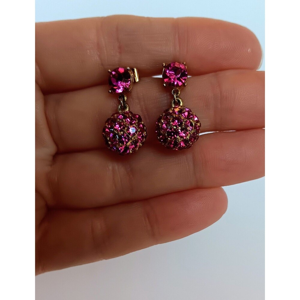 Goldtone Hot Pink Rhinestone Disco Ball Dangle Earrings 7/8 in